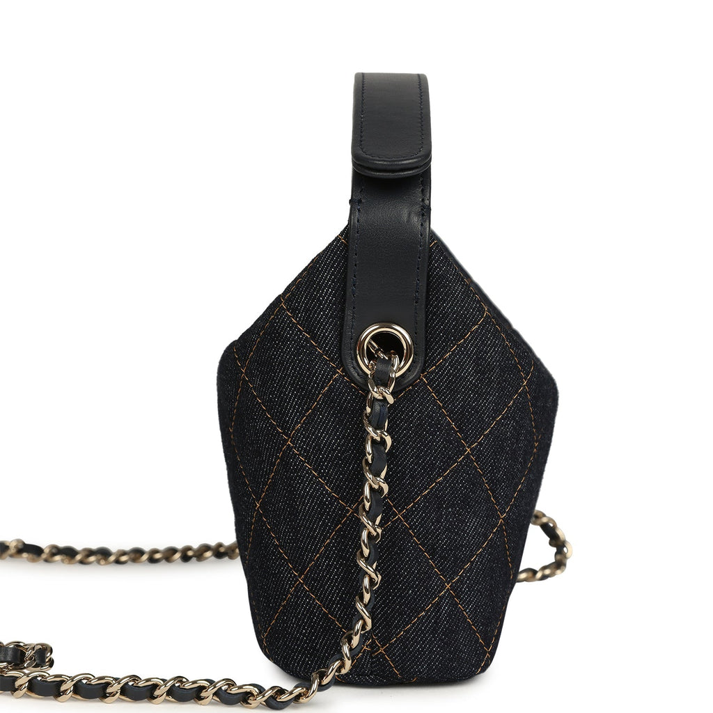 Mini Hobo Pouch with Chain Dark Blue Denim and Leather Light Gold Hardware