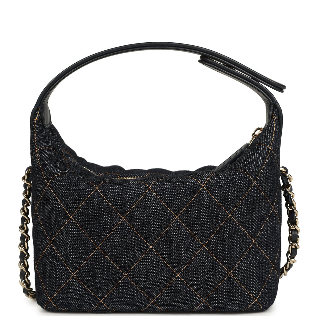 Mini Hobo Pouch with Chain Dark Blue Denim and Leather Light Gold Hardware
