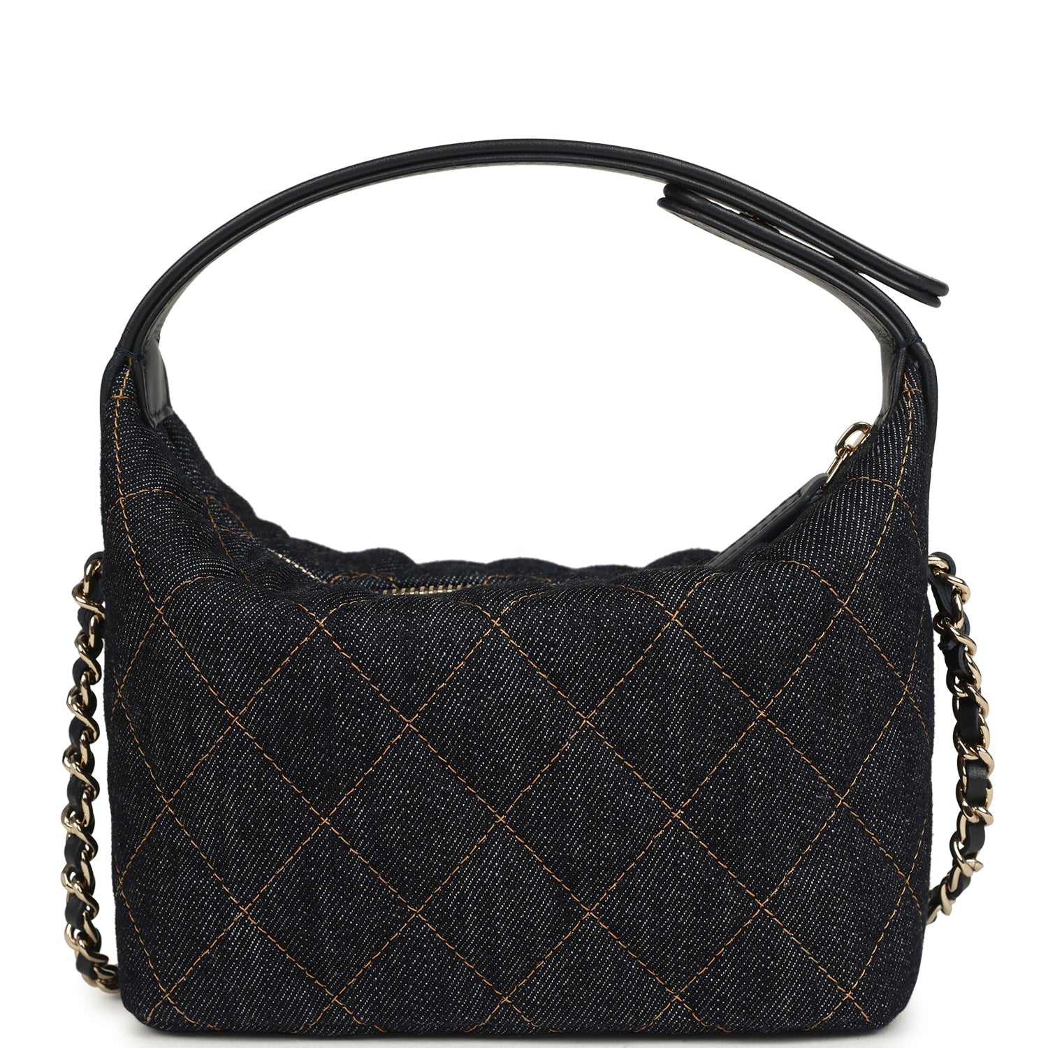 Mini Hobo Pouch with Chain Dark Blue Denim and Leather Light Gold Hardware