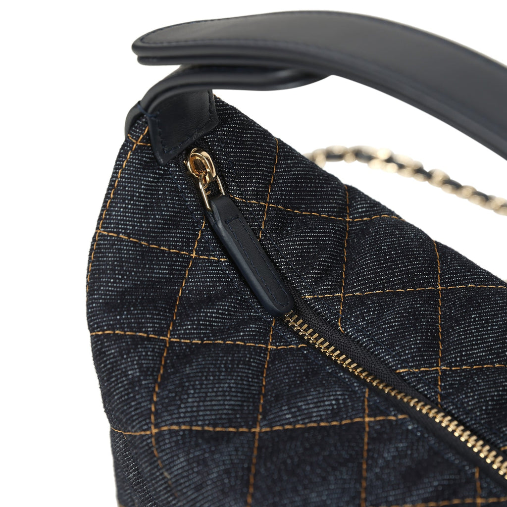 Mini Hobo Pouch with Chain Dark Blue Denim and Leather Light Gold Hardware