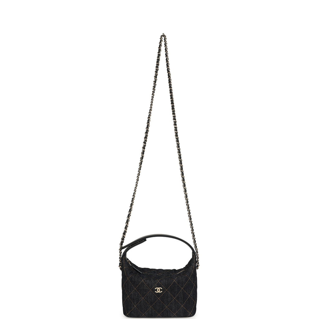 Mini Hobo Pouch with Chain Dark Blue Denim and Leather Light Gold Hardware