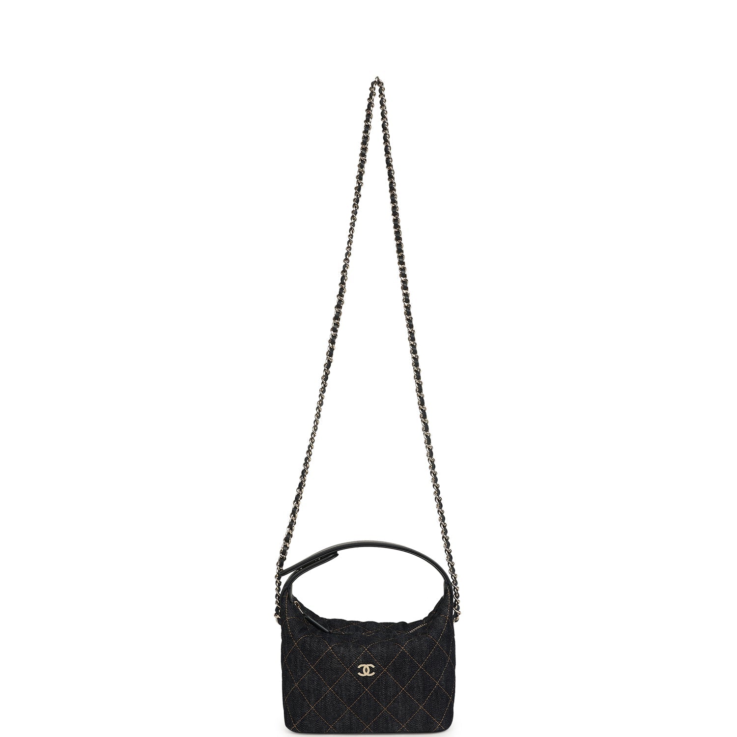 Mini Hobo Pouch with Chain Dark Blue Denim and Leather Light Gold Hardware