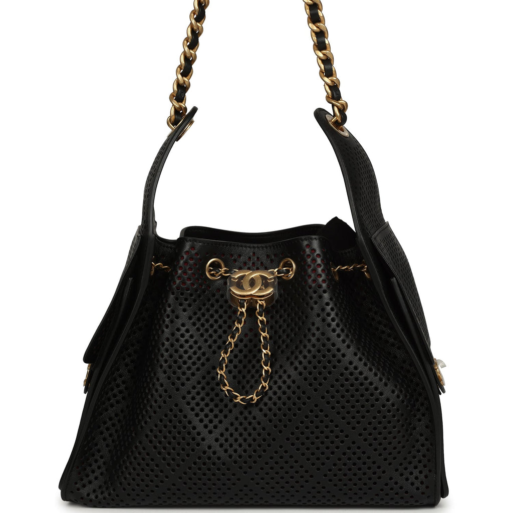 Small 25 Hobo Bag Black Perforated Calfskin Antique Gold Hardware