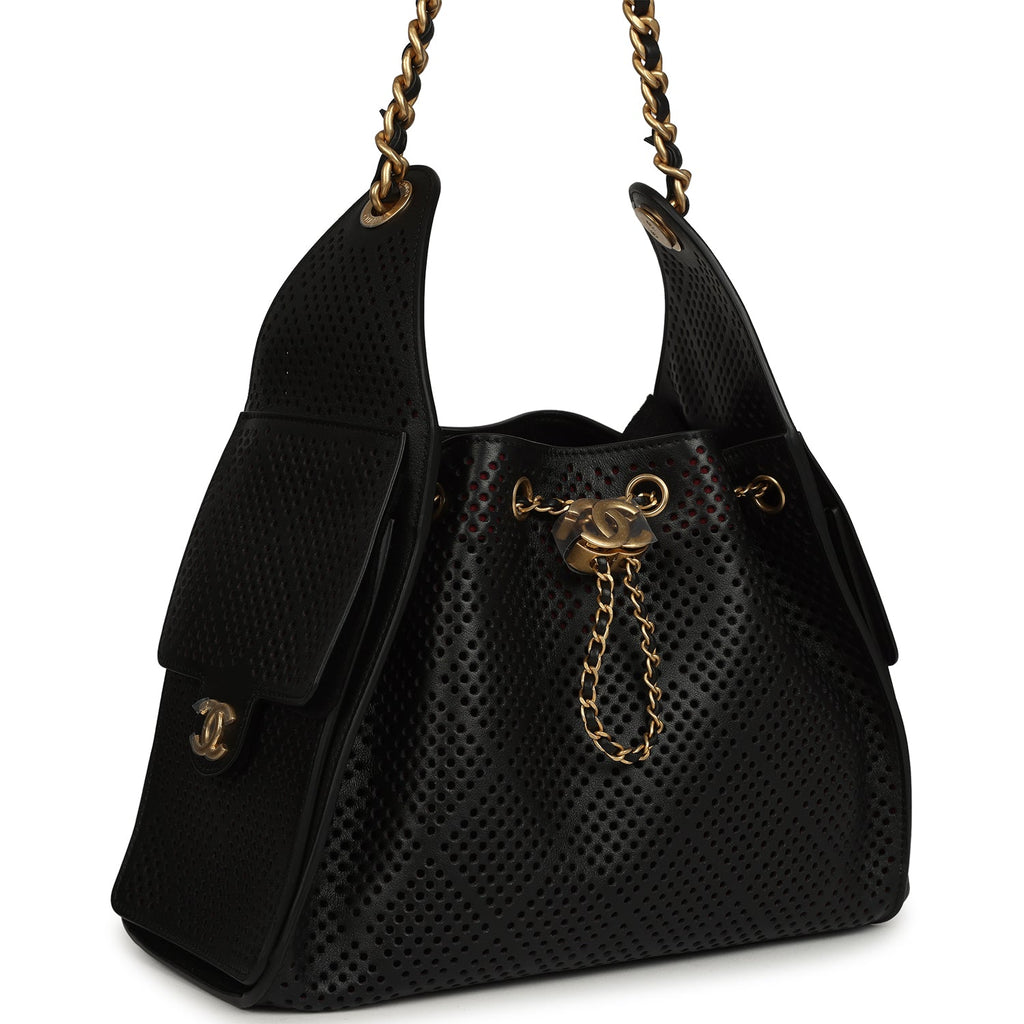 Small 25 Hobo Bag Black Perforated Calfskin Antique Gold Hardware