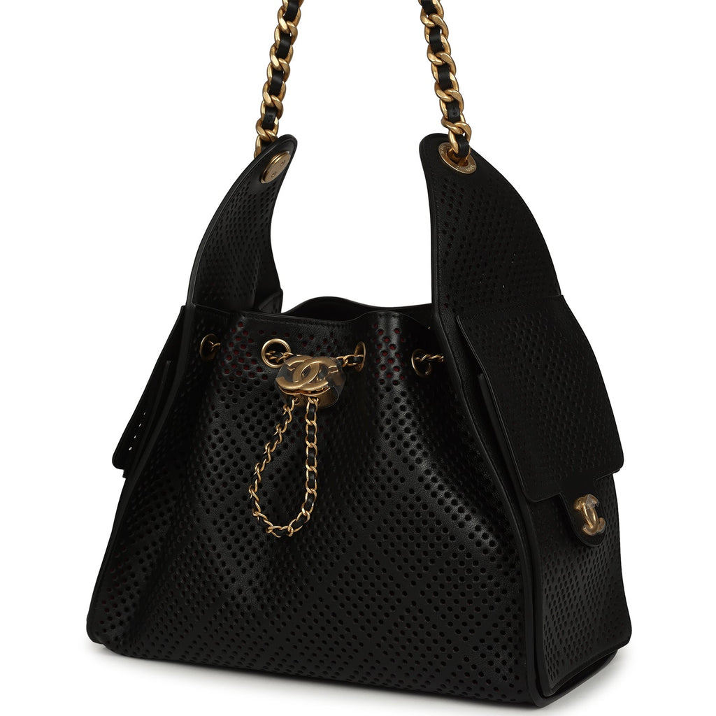 Small 25 Hobo Bag Black Perforated Calfskin Antique Gold Hardware
