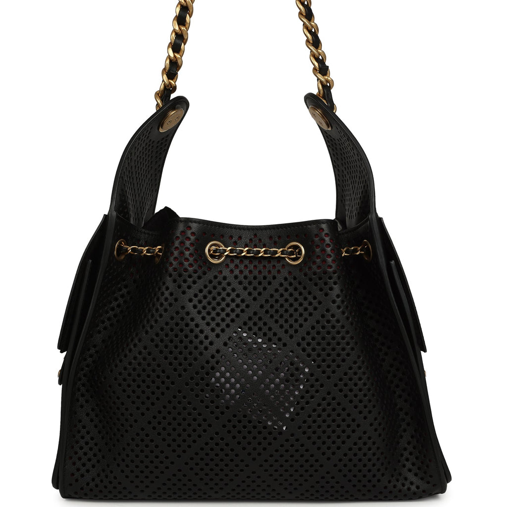 Small 25 Hobo Bag Black Perforated Calfskin Antique Gold Hardware