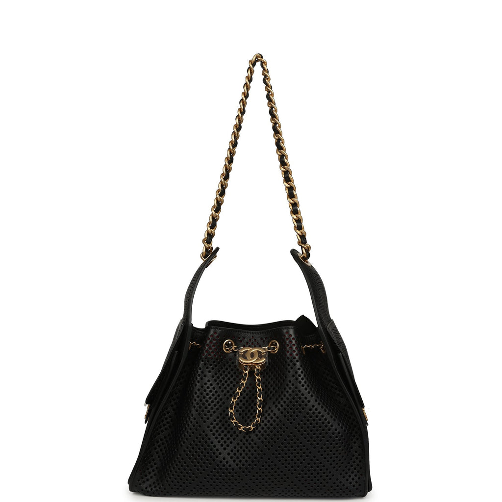 Small 25 Hobo Bag Black Perforated Calfskin Antique Gold Hardware