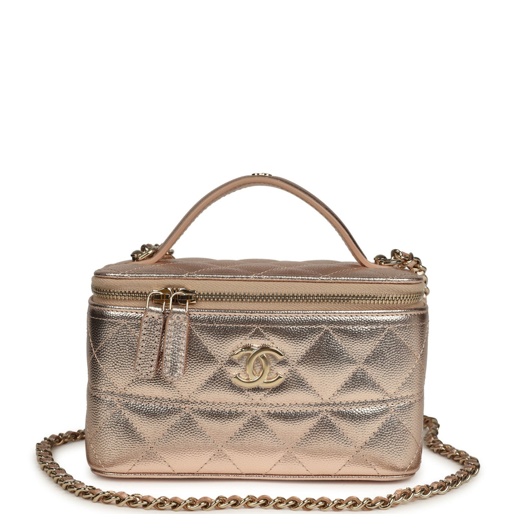 Small Top Handle Vanity Case With Chain Metallic Copper Shiny Caviar Light Gold Hardware