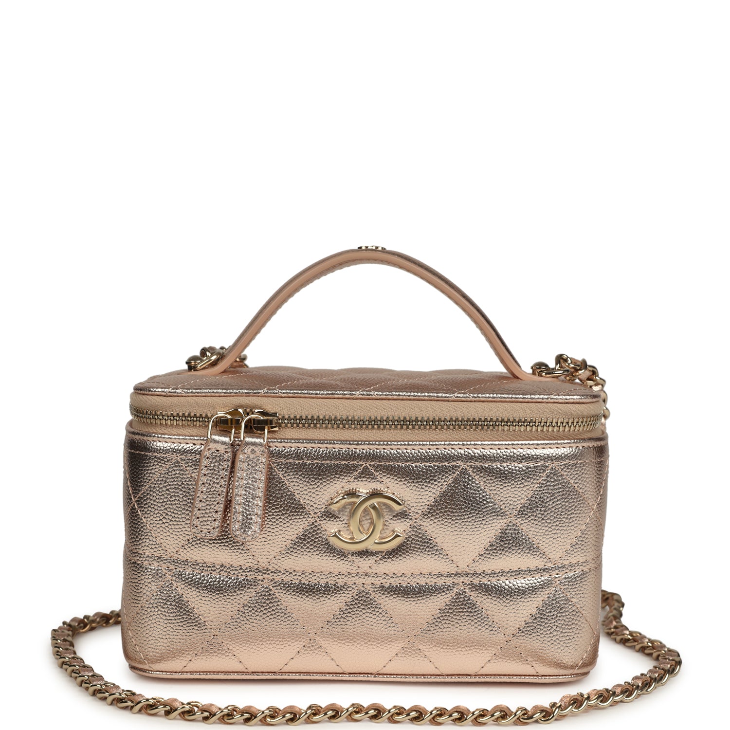 Small Top Handle Vanity Case With Chain Metallic Copper Shiny Caviar Light Gold Hardware