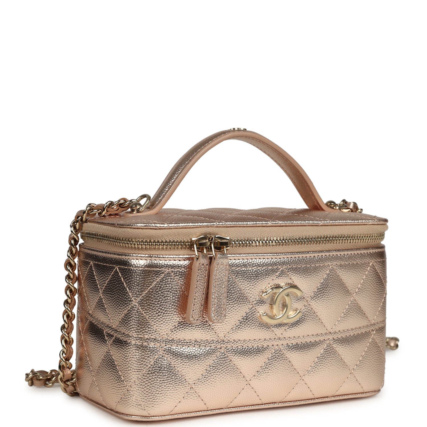 Small Top Handle Vanity Case With Chain Metallic Copper Shiny Caviar Light Gold Hardware