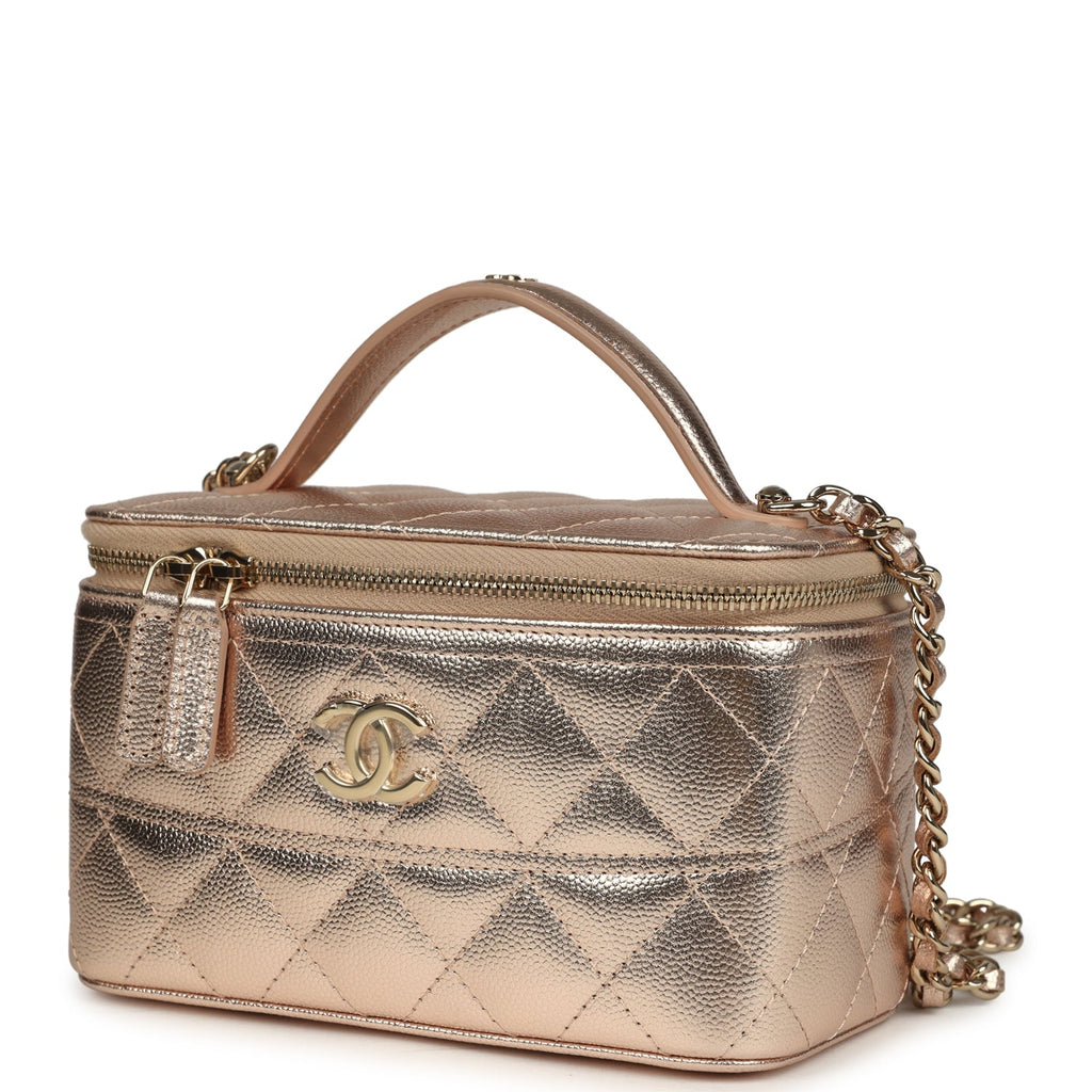 Small Top Handle Vanity Case With Chain Metallic Copper Shiny Caviar Light Gold Hardware