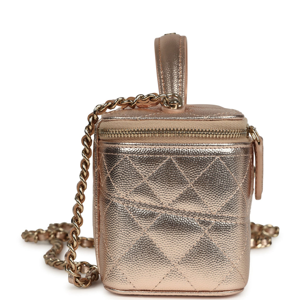 Small Top Handle Vanity Case With Chain Metallic Copper Shiny Caviar Light Gold Hardware