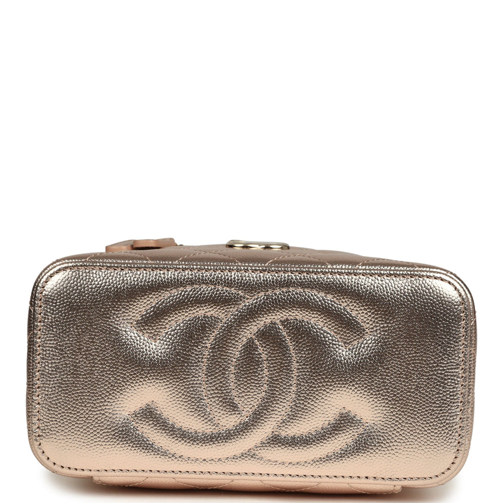 Small Top Handle Vanity Case With Chain Metallic Copper Shiny Caviar Light Gold Hardware