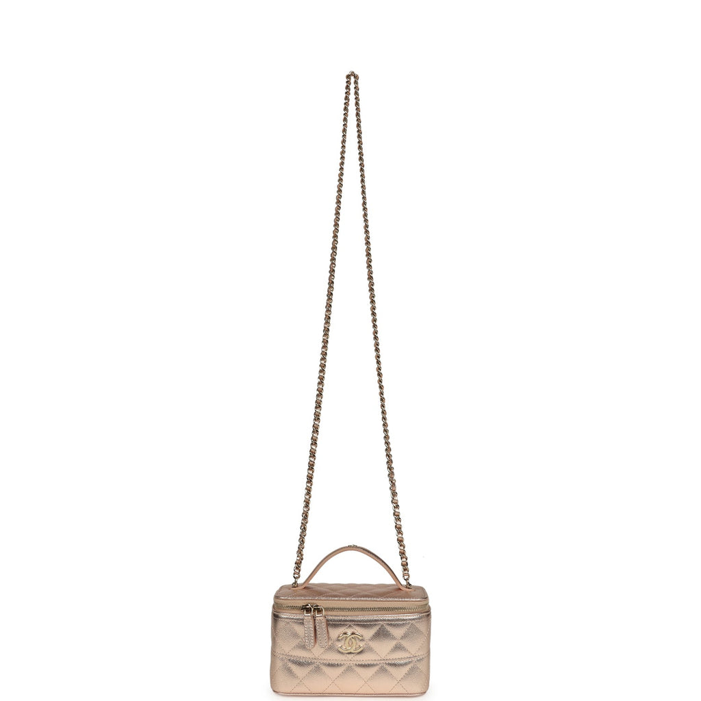 Small Top Handle Vanity Case With Chain Metallic Copper Shiny Caviar Light Gold Hardware