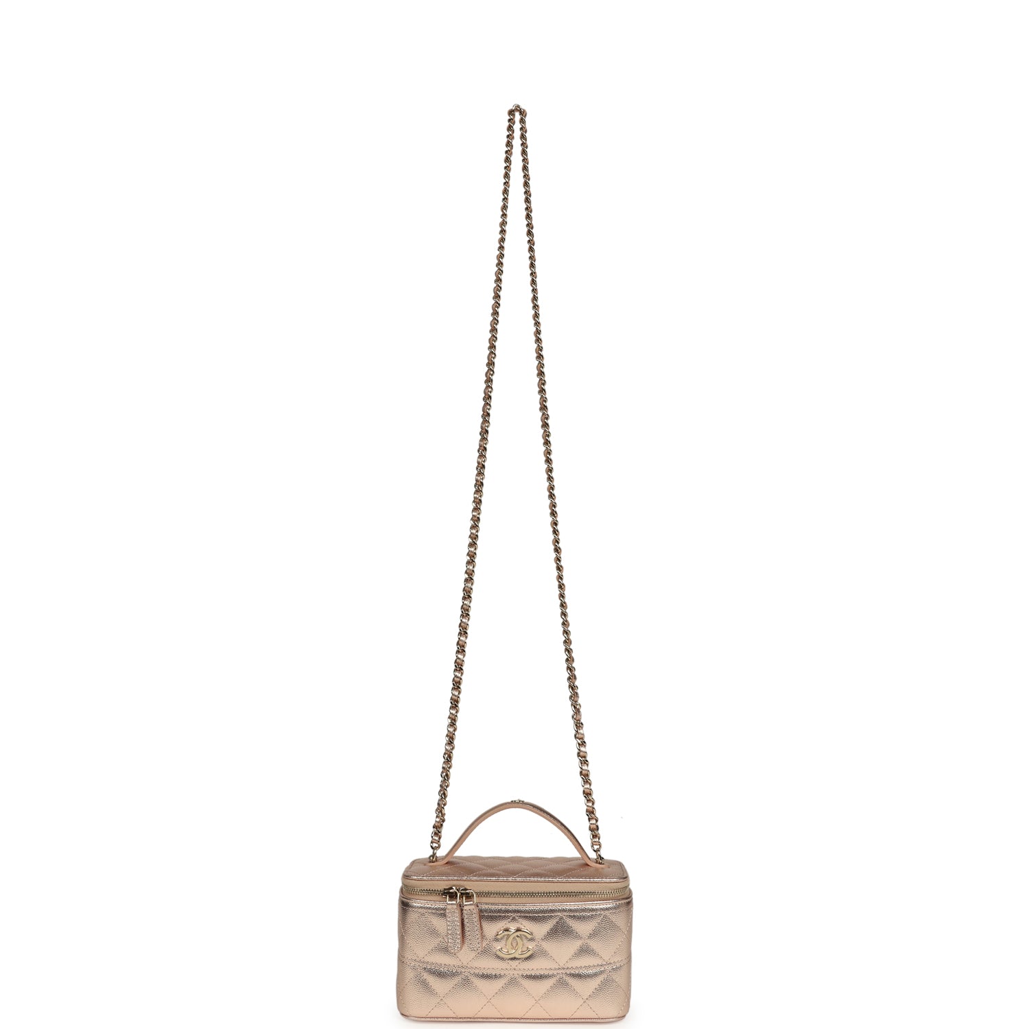 Small Top Handle Vanity Case With Chain Metallic Copper Shiny Caviar Light Gold Hardware