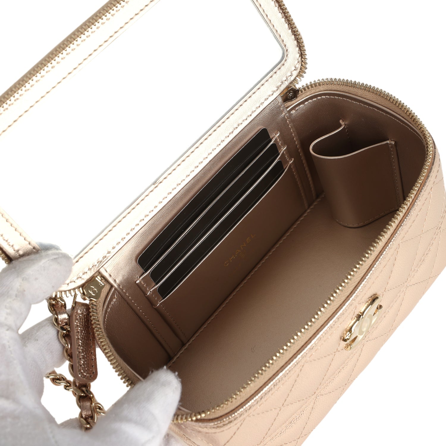 Small Top Handle Vanity Case With Chain Metallic Copper Shiny Caviar Light Gold Hardware
