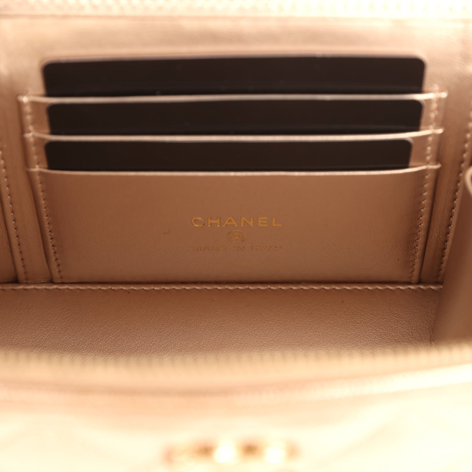 Small Top Handle Vanity Case With Chain Metallic Copper Shiny Caviar Light Gold Hardware