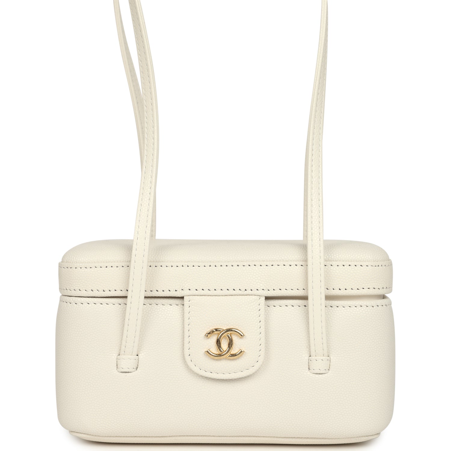 Preppy Coco Long Vanity with Straps White Shiny Caviar Brushed Gold Hardware