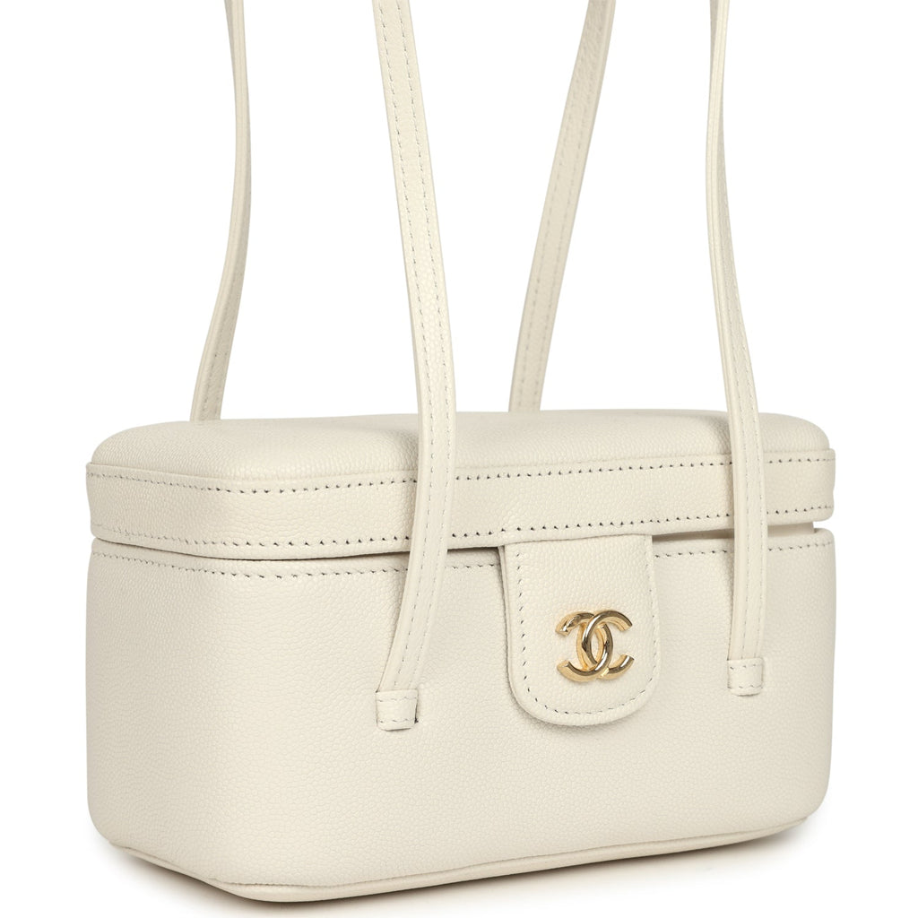 Preppy Coco Long Vanity with Straps White Shiny Caviar Brushed Gold Hardware