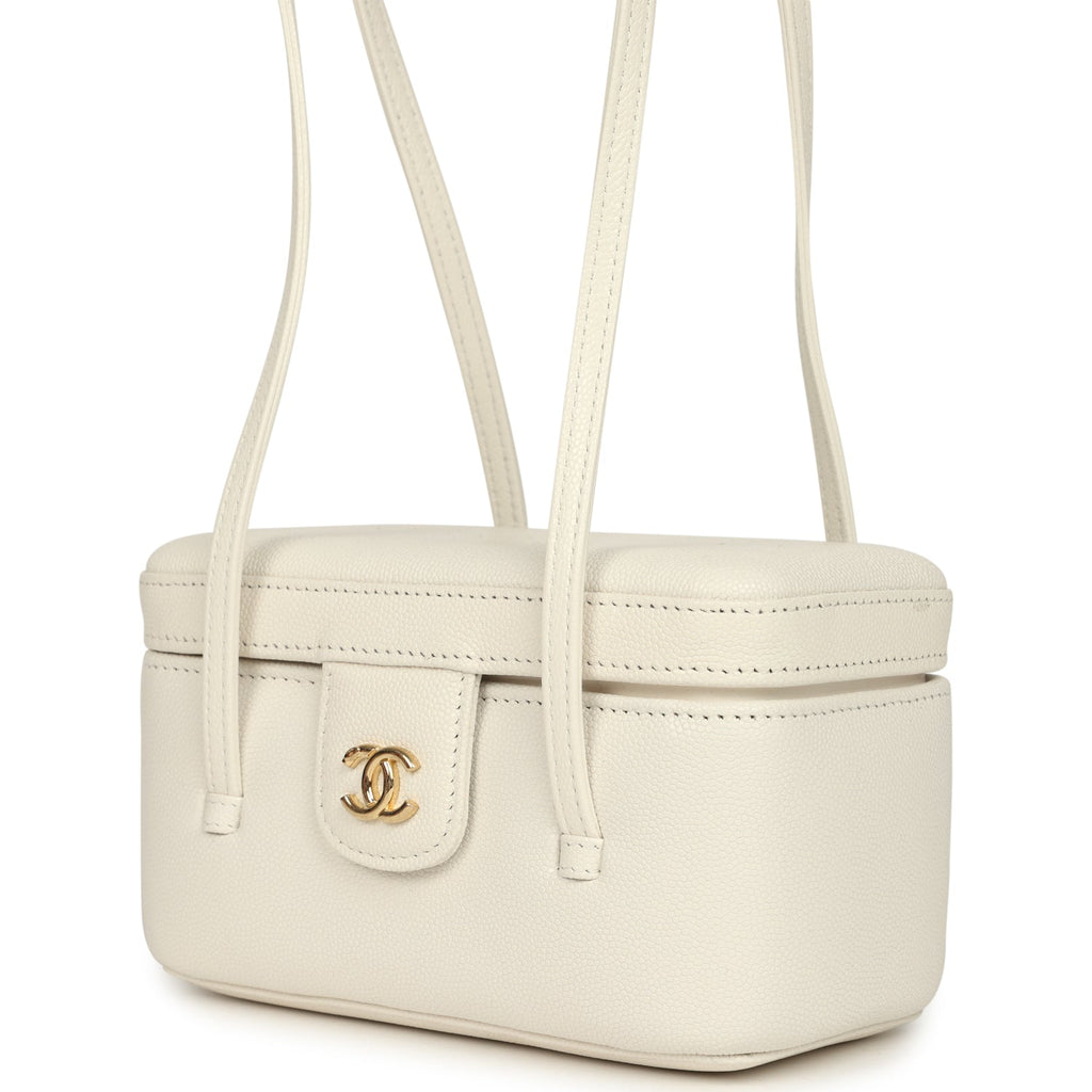 Preppy Coco Long Vanity with Straps White Shiny Caviar Brushed Gold Hardware
