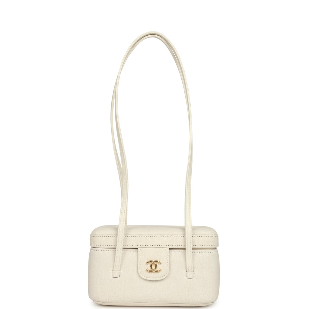 Preppy Coco Long Vanity with Straps White Shiny Caviar Brushed Gold Hardware