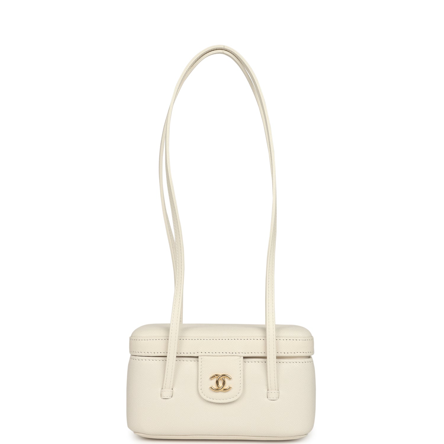 Preppy Coco Long Vanity with Straps White Shiny Caviar Brushed Gold Hardware