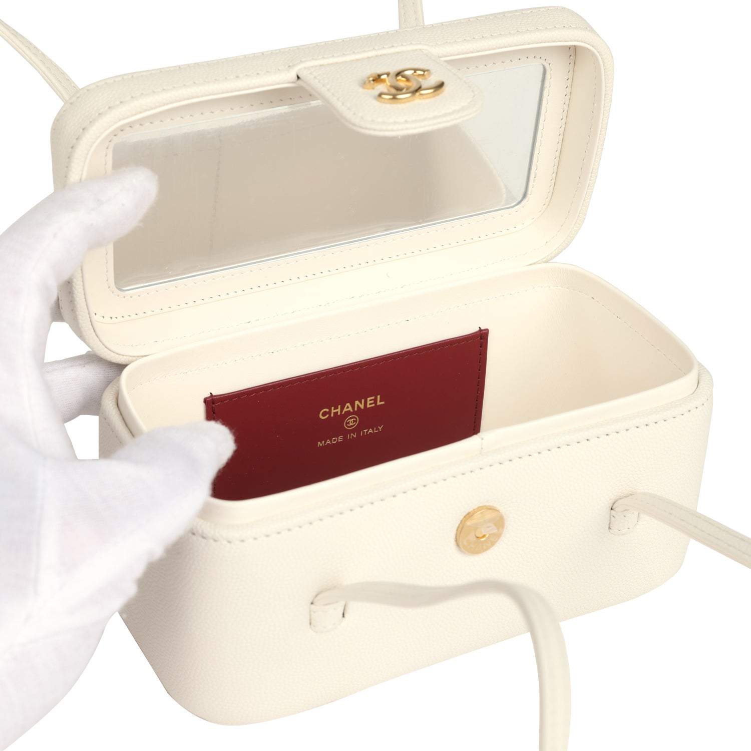 Preppy Coco Long Vanity with Straps White Shiny Caviar Brushed Gold Hardware