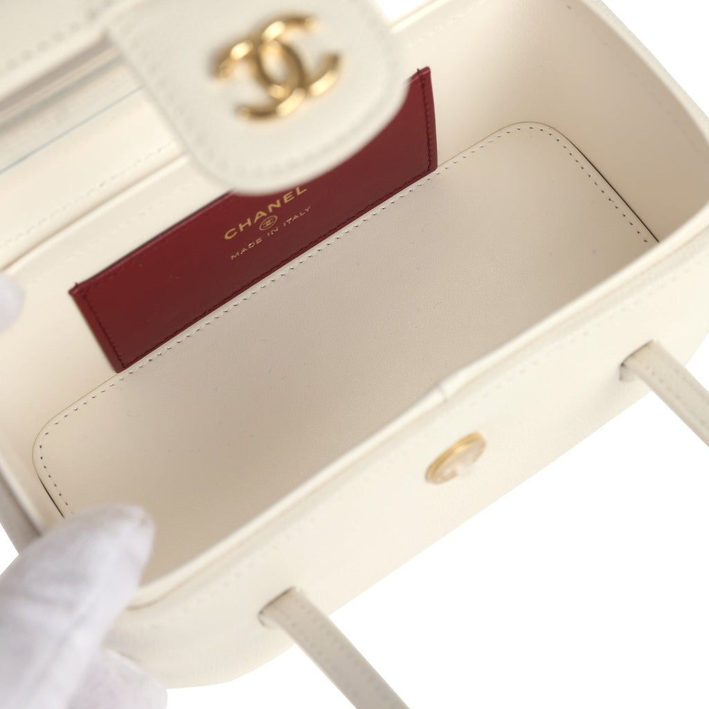 Preppy Coco Long Vanity with Straps White Shiny Caviar Brushed Gold Hardware