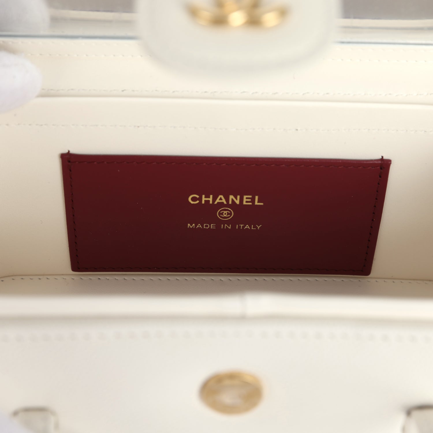 Preppy Coco Long Vanity with Straps White Shiny Caviar Brushed Gold Hardware