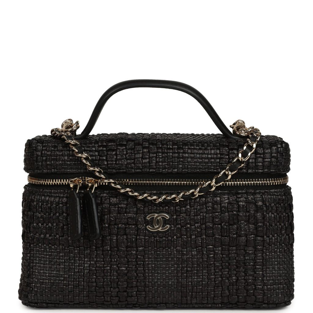 Top Handle Long Vanity Case with Chain Black Braided Raffia Light Gold Hardware