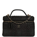Top Handle Long Vanity Case with Chain Black Braided Raffia Light Gold Hardware