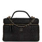Top Handle Long Vanity Case with Chain Black Braided Raffia Light Gold Hardware