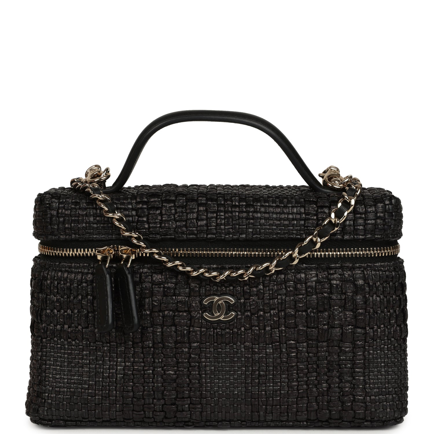 Top Handle Long Vanity Case with Chain Black Braided Raffia Light Gold Hardware