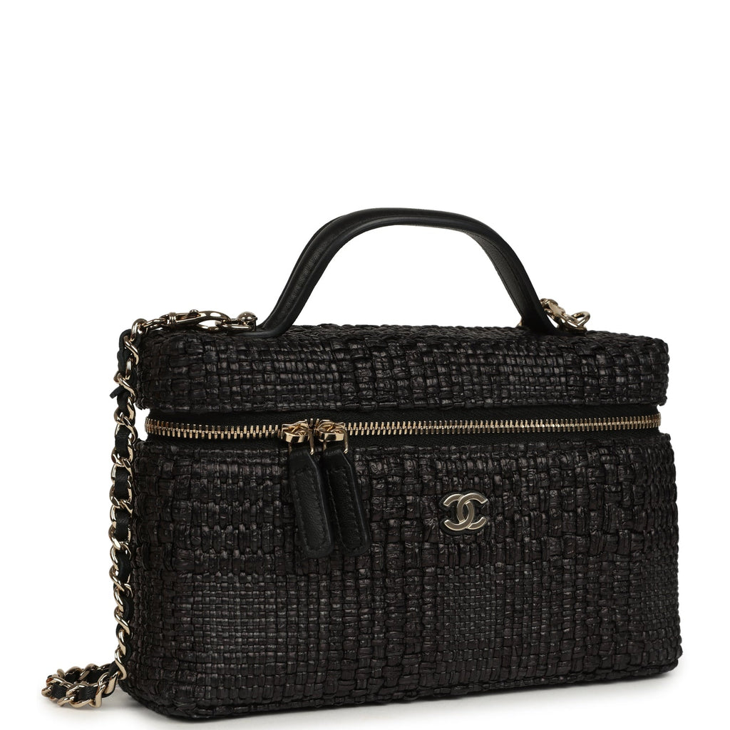 Top Handle Long Vanity Case with Chain Black Braided Raffia Light Gold Hardware