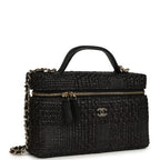 Top Handle Long Vanity Case with Chain Black Braided Raffia Light Gold Hardware