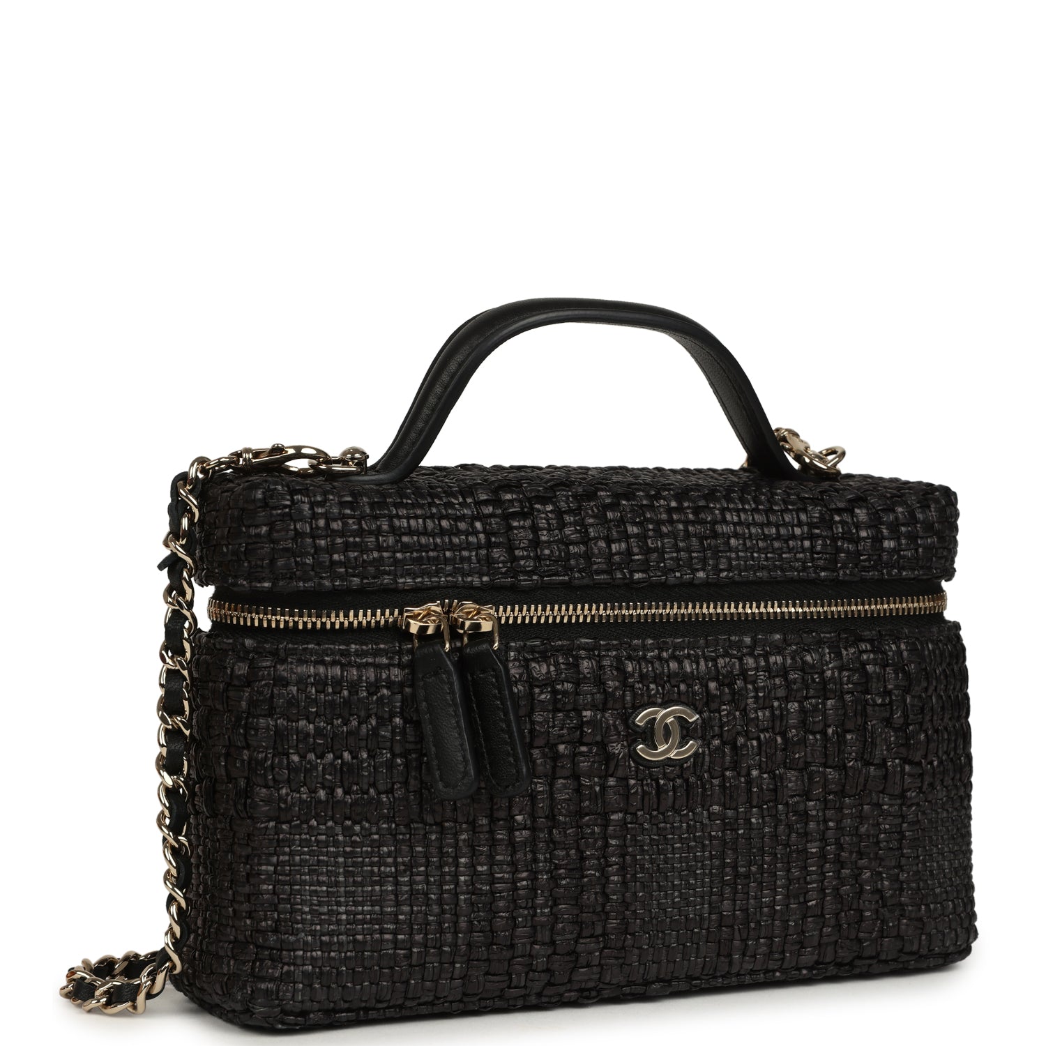 Top Handle Long Vanity Case with Chain Black Braided Raffia Light Gold Hardware