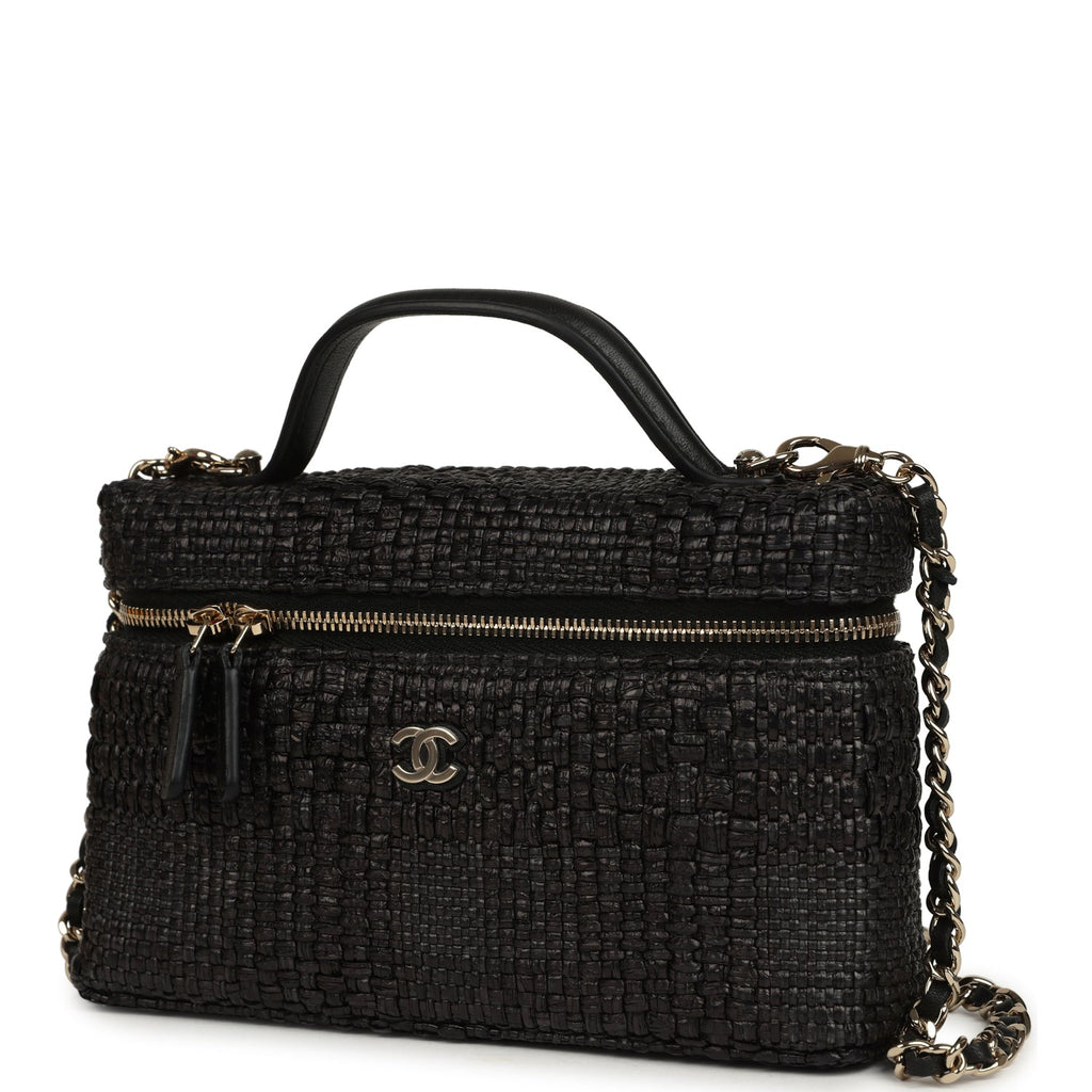 Top Handle Long Vanity Case with Chain Black Braided Raffia Light Gold Hardware