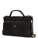 Top Handle Long Vanity Case with Chain Black Braided Raffia Light Gold Hardware