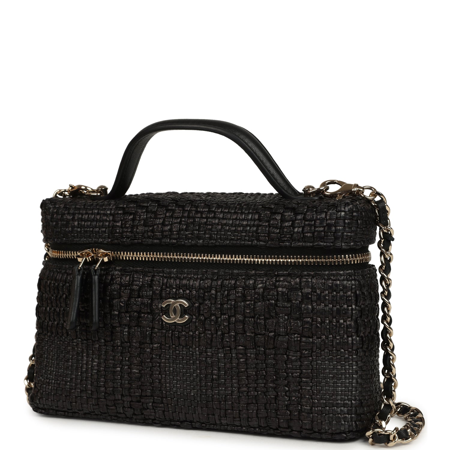 Top Handle Long Vanity Case with Chain Black Braided Raffia Light Gold Hardware