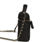 Top Handle Long Vanity Case with Chain Black Braided Raffia Light Gold Hardware