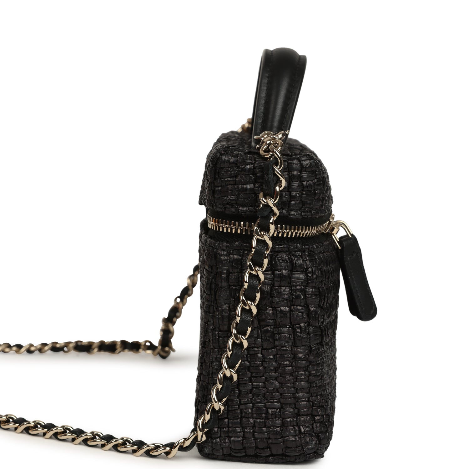 Top Handle Long Vanity Case with Chain Black Braided Raffia Light Gold Hardware