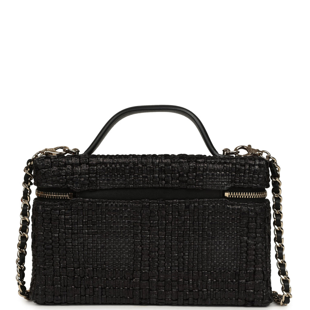 Top Handle Long Vanity Case with Chain Black Braided Raffia Light Gold Hardware