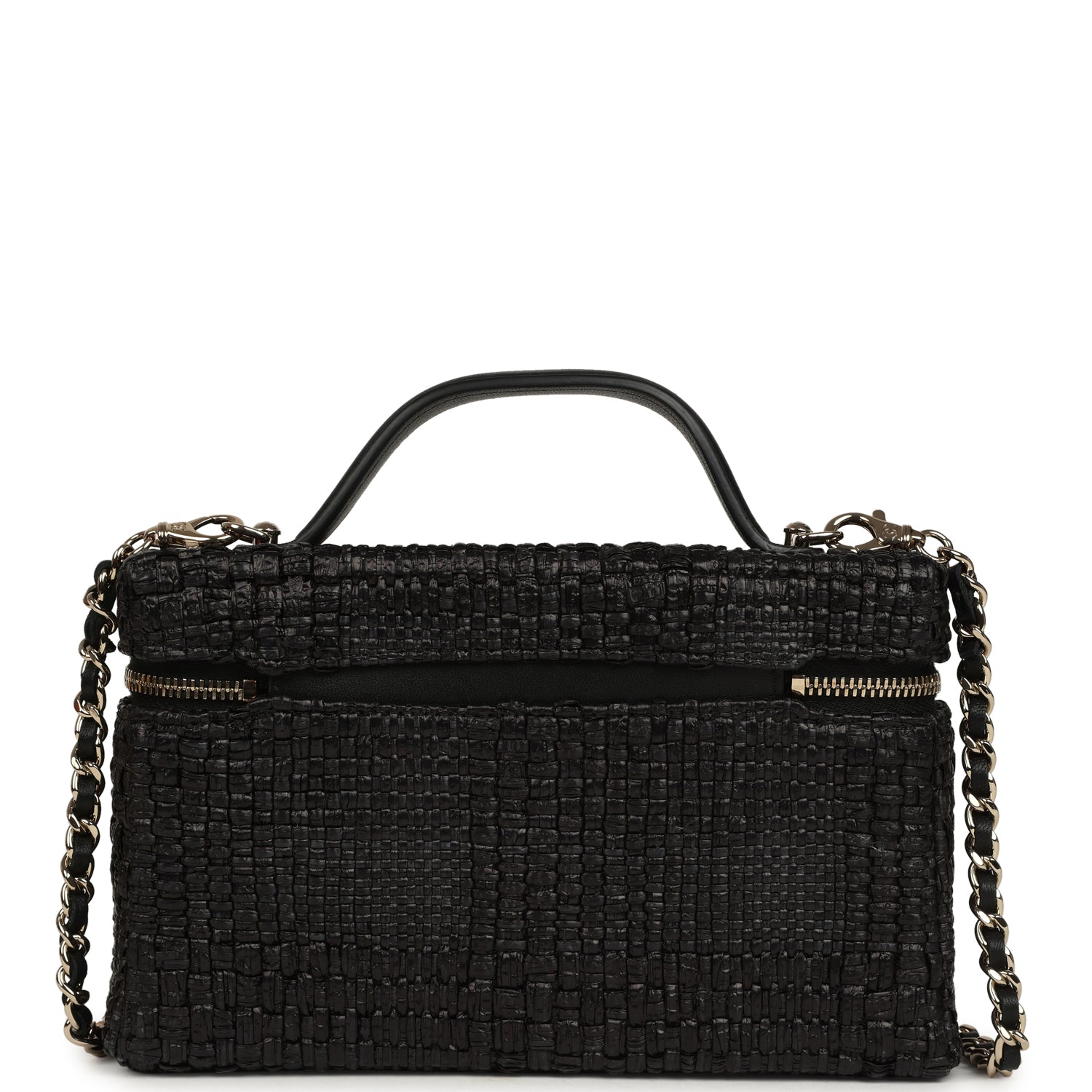 Top Handle Long Vanity Case with Chain Black Braided Raffia Light Gold Hardware