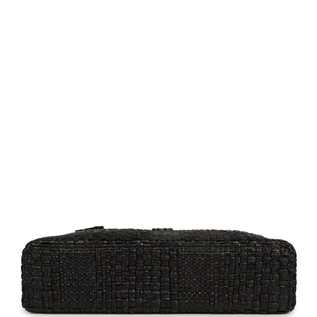 Top Handle Long Vanity Case with Chain Black Braided Raffia Light Gold Hardware