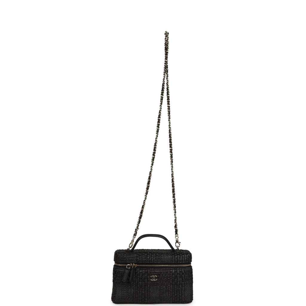 Top Handle Long Vanity Case with Chain Black Braided Raffia Light Gold Hardware