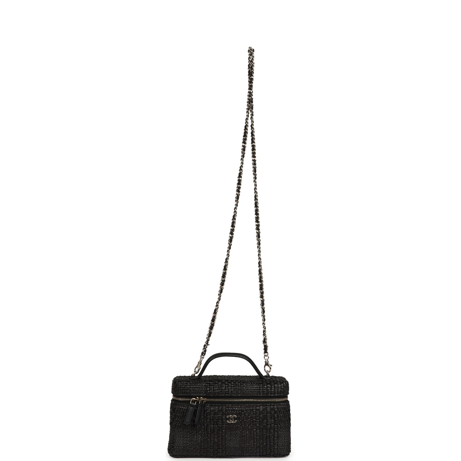 Top Handle Long Vanity Case with Chain Black Braided Raffia Light Gold Hardware