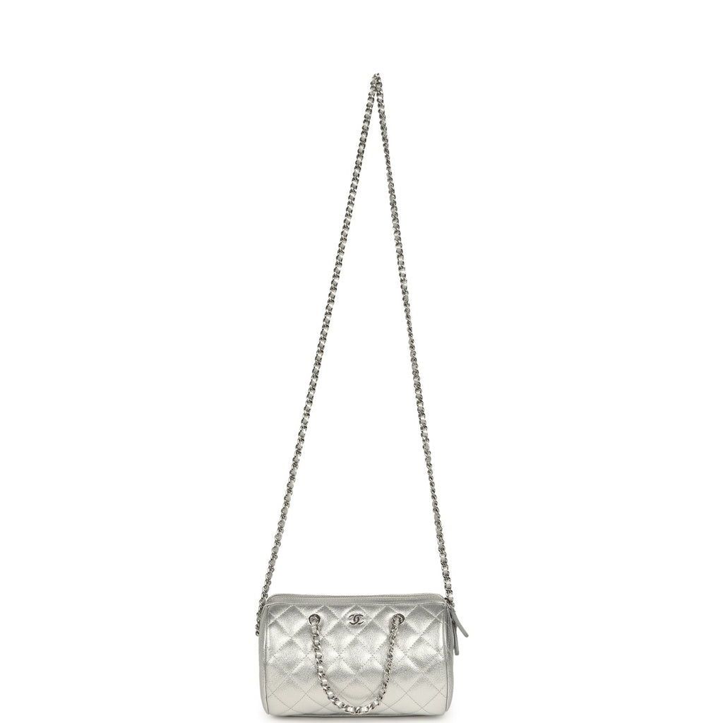 Mini Timeless Classic Barrel Bag with Chain Metallic Silver Shiny Caviar Silver Hardware