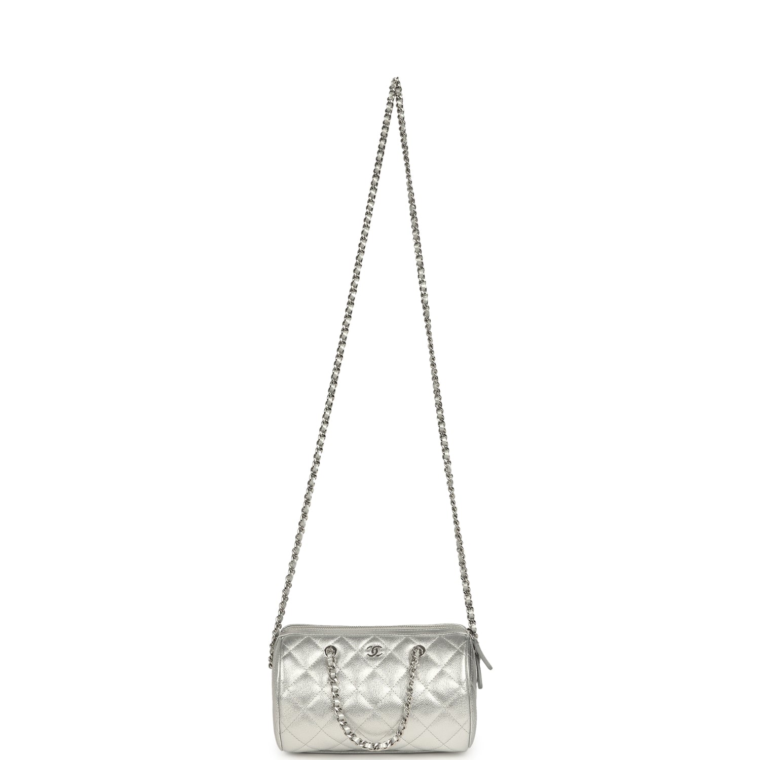 Mini Timeless Classic Barrel Bag with Chain Metallic Silver Shiny Caviar Silver Hardware