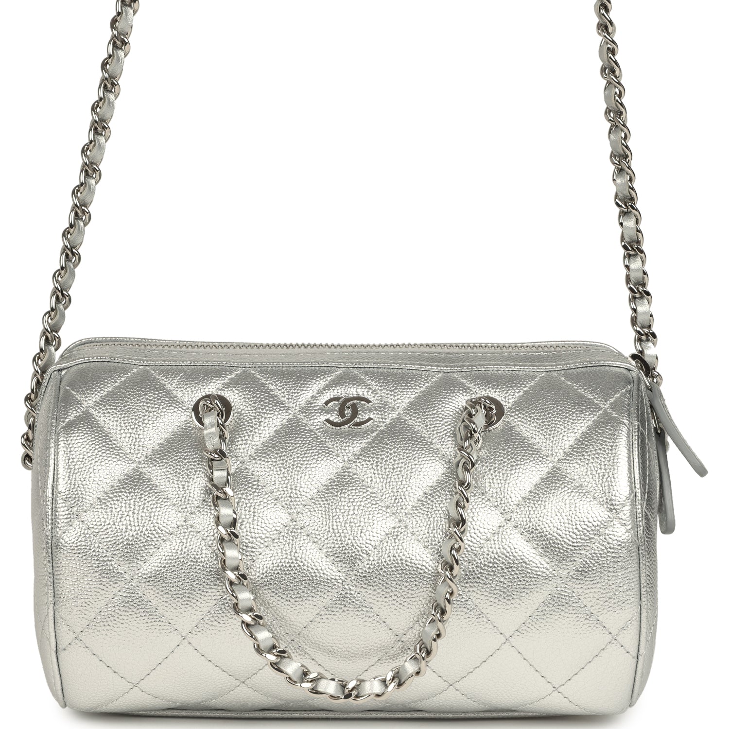 Mini Timeless Classic Barrel Bag with Chain Metallic Silver Shiny Caviar Silver Hardware
