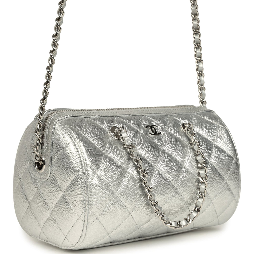 Mini Timeless Classic Barrel Bag with Chain Metallic Silver Shiny Caviar Silver Hardware